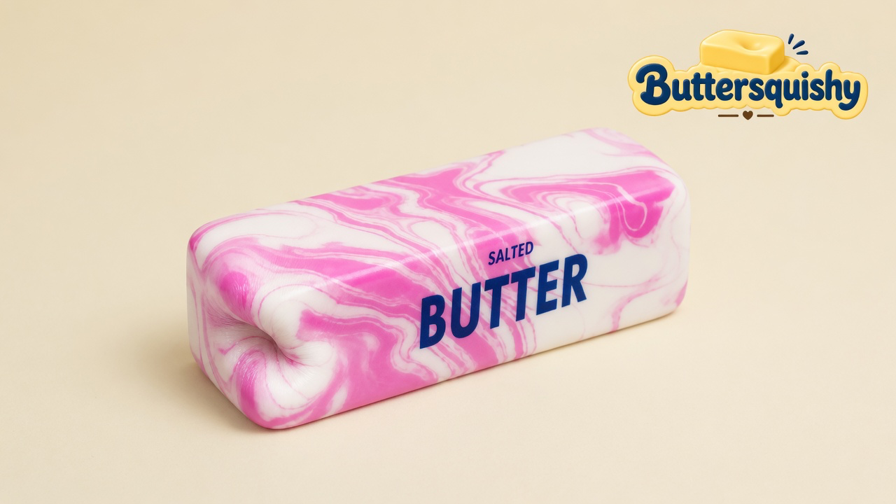 Pink-and-white marble butter loaf printed SALTED BUTTER on a light-yellow cream studio surface, Buttersquishy logo in the upper right