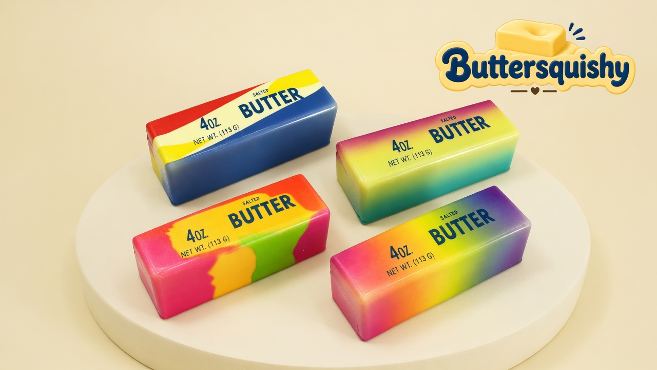 Four swirl-print butter sticks — red-cream-blue color-block, magenta-yellow-teal fade, pink-lime blotch, and pink-orange-purple fade — on a light-yellow cream studio platform, Buttersquishy logo in the upper right