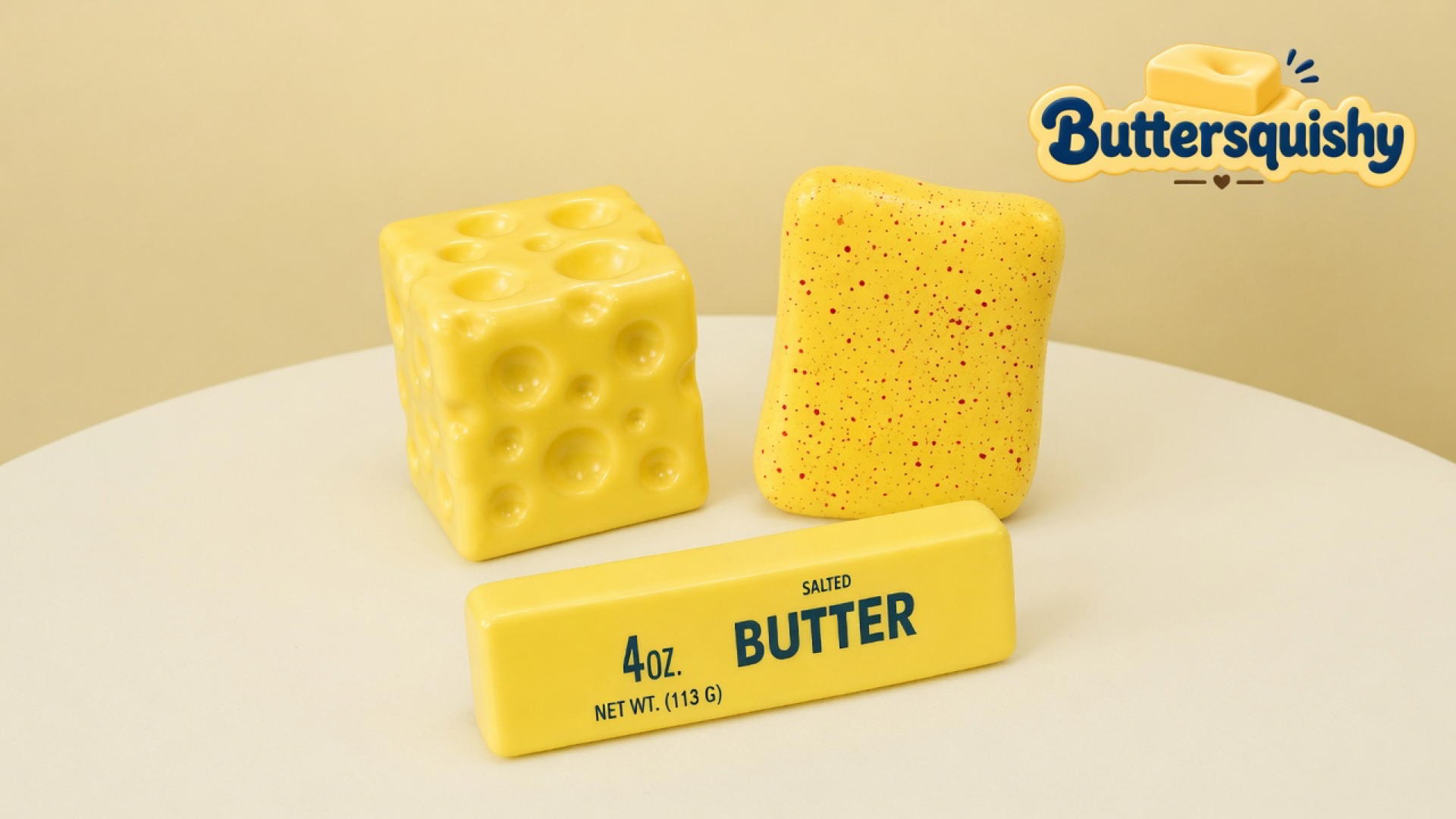 Holey yellow cheese cube, red-speckled yellow slab, and navy SALTED BUTTER stick on a light-yellow cream studio table, Buttersquishy logo in the upper right