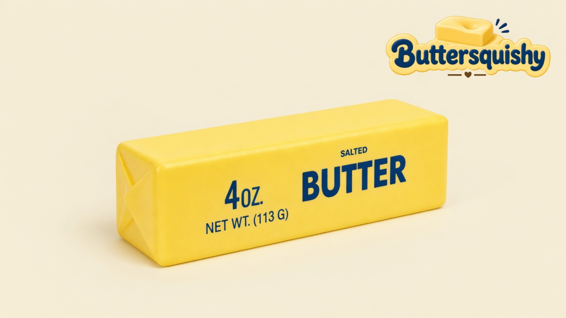 One bright yellow Classic Butter Stick 4oz with navy 4OZ and SALTED BUTTER type on a light-yellow cream studio surface, Buttersquishy logo in the upper right