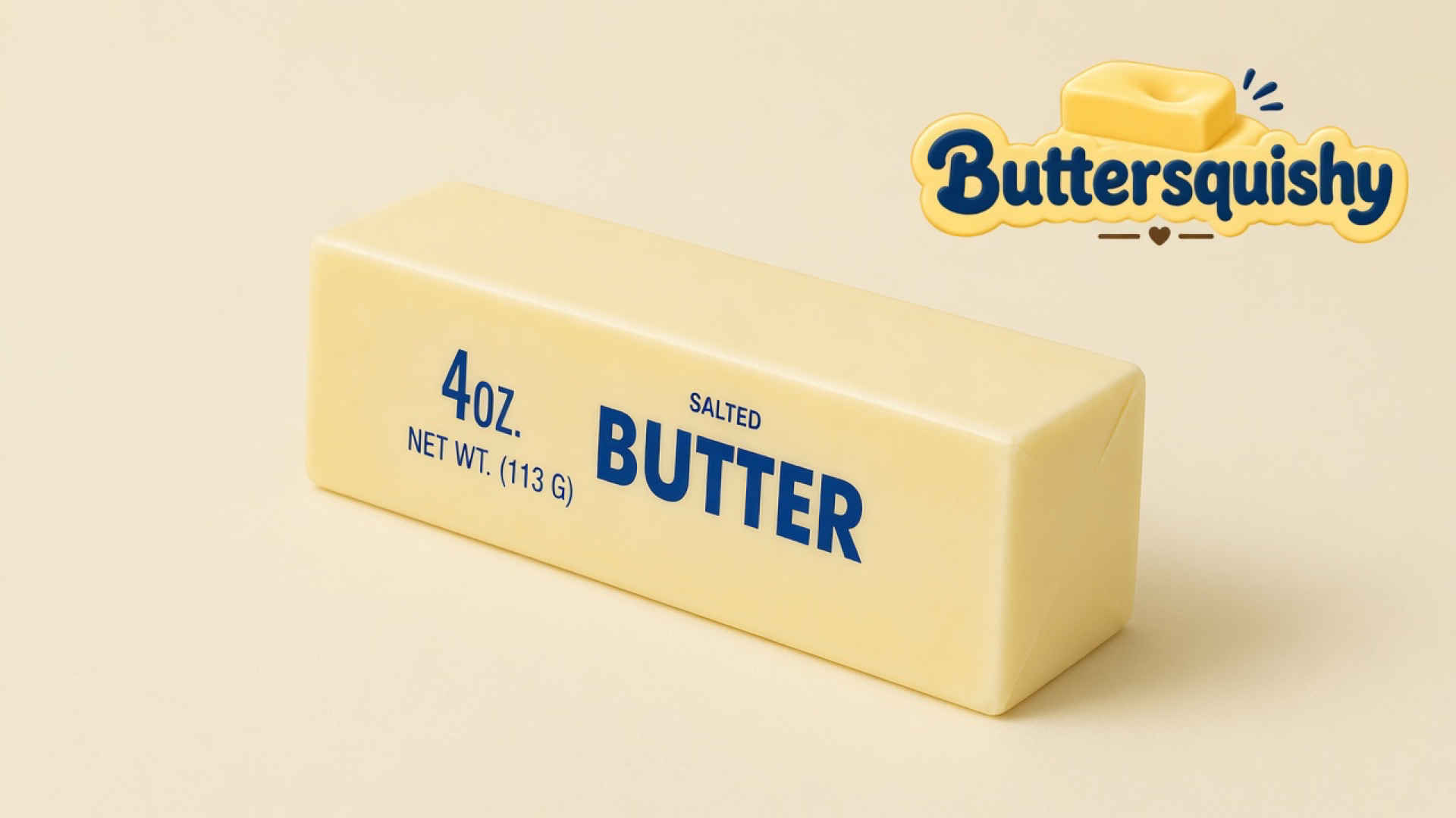 One pale yellow Classic Gift Butter stick printed 4oz NET WT and SALTED BUTTER on a light-yellow cream studio surface, Buttersquishy logo in the upper right