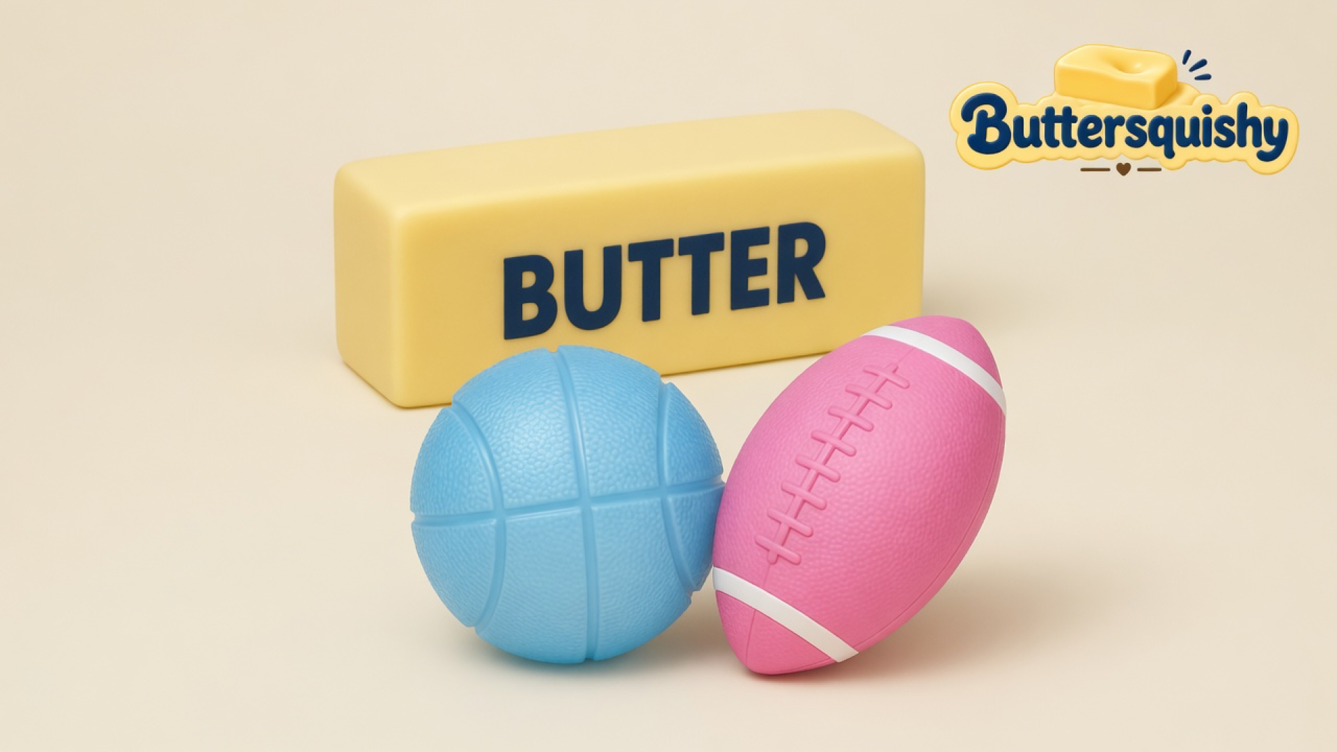 Three Mixed Butter Pack toys — pale yellow loaf printed BUTTER, light-blue basketball, and pink football — on a cream studio board, Buttersquishy logo once at upper right