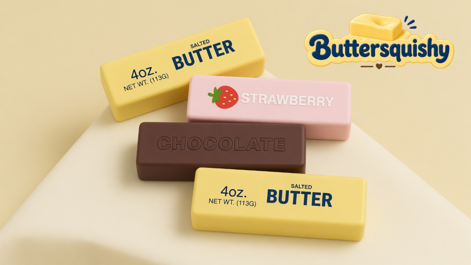 Four Strawberry Chocolate Butter sticks — two yellow salted-butter prints, one pink strawberry loaf, and one brown chocolate loaf — on a cream studio board with the Buttersquishy logo in the upper right