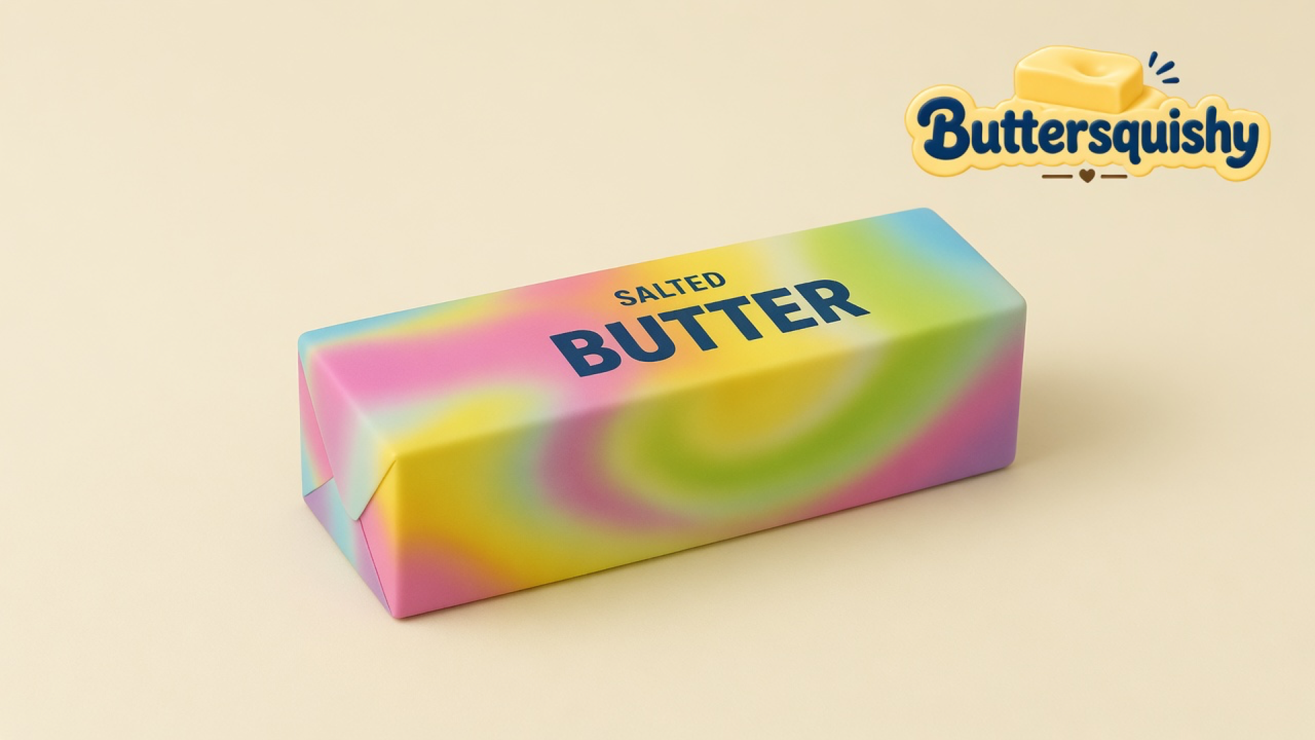 One pastel rainbow swirl butter stick with navy SALTED BUTTER type on a light-yellow cream studio surface, Buttersquishy logo in the upper right