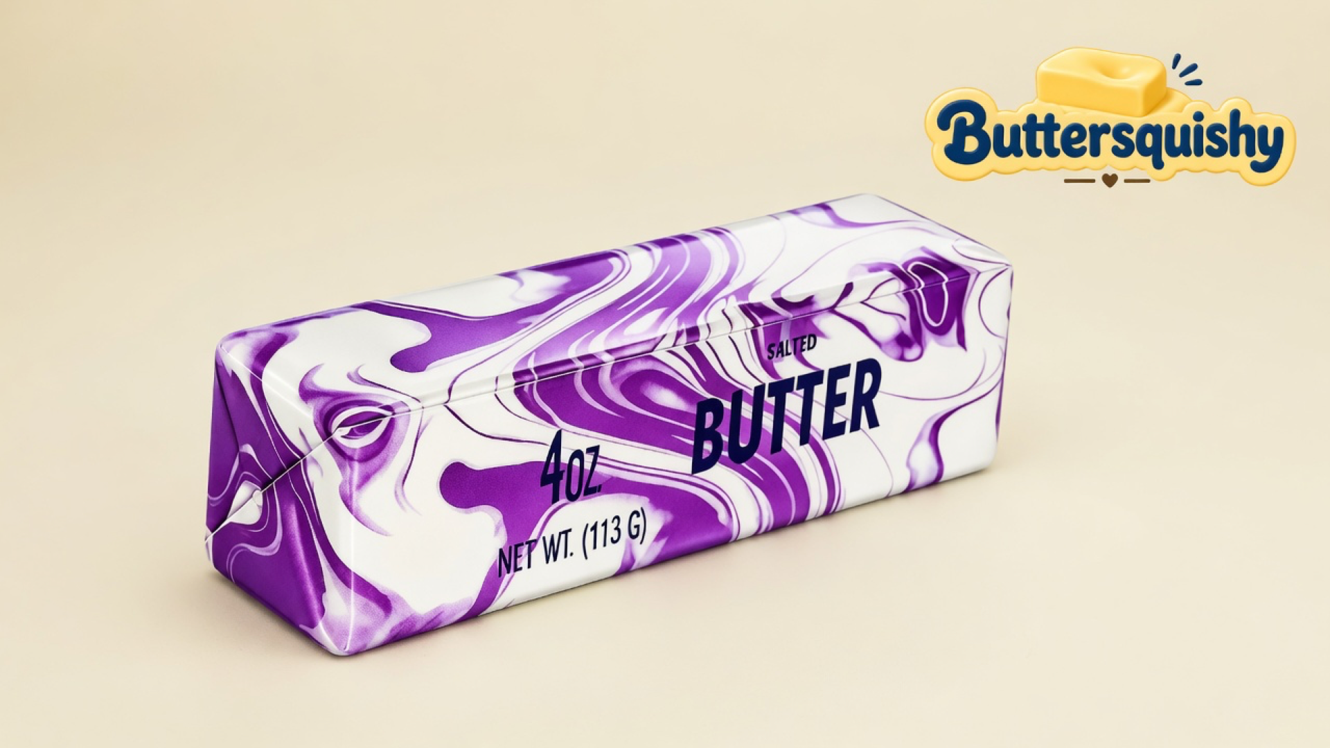 One white-and-violet marble butter stick with navy SALTED BUTTER type on a light-yellow cream studio surface, Buttersquishy logo in the upper right
