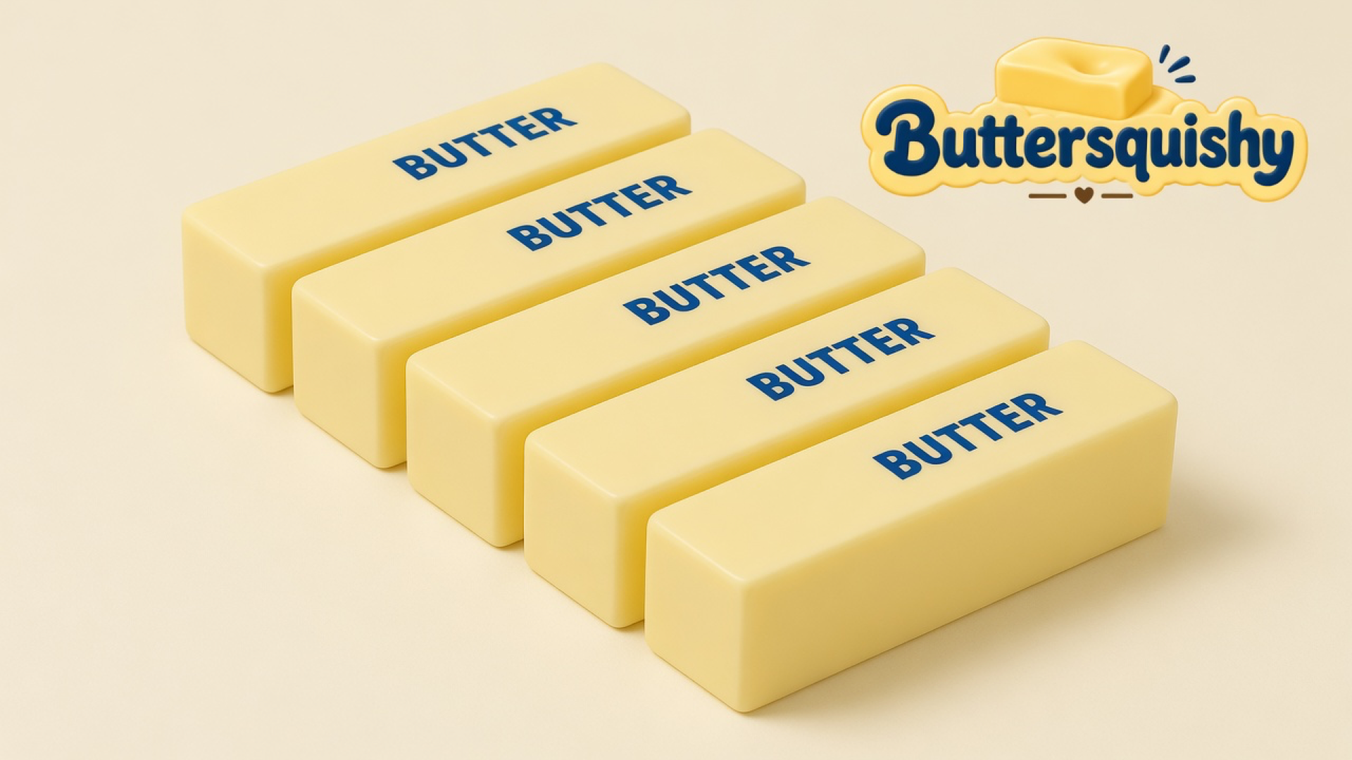 Five pale yellow Classic Butter Stick loaves printed BUTTER on a light-yellow cream studio surface, Buttersquishy logo in the upper right