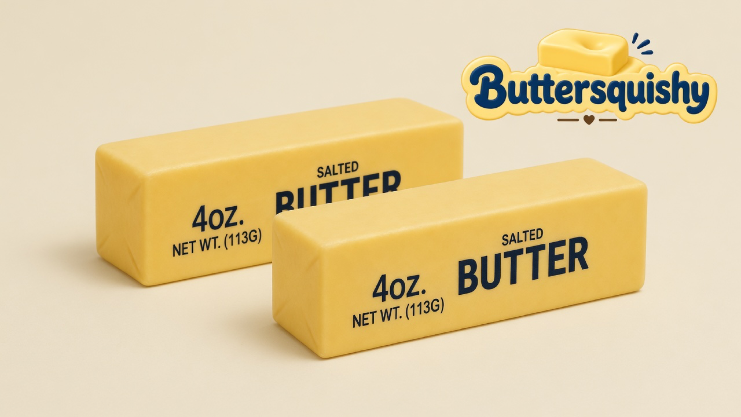 Two pale yellow Classic Gift Butter sticks printed 4oz NET WT and SALTED BUTTER on a light-yellow cream studio surface, Buttersquishy logo in the upper right