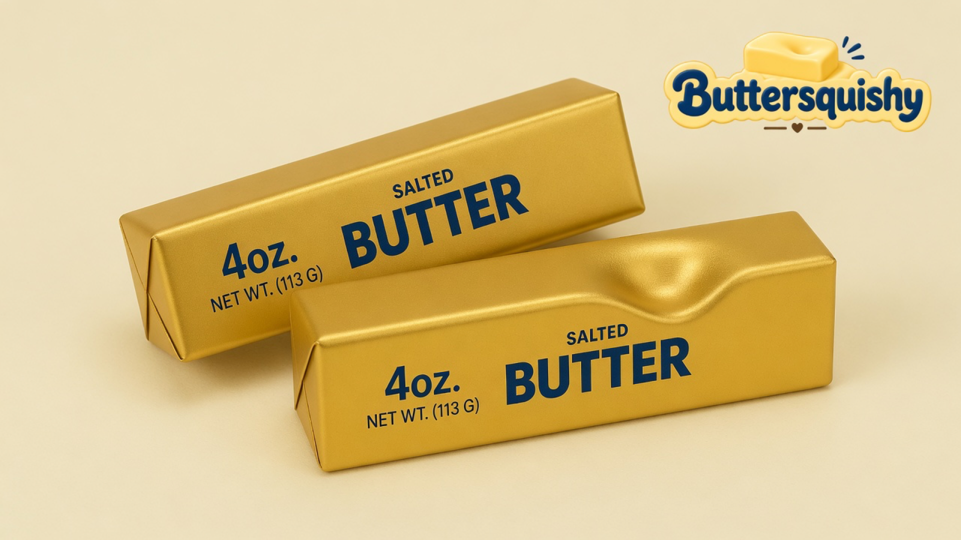 Two gold-foil Golden Butter Stick loaves printed 4oz. NET WT. (113 G) SALTED BUTTER on a light-yellow cream studio surface, one with a thumb dent, Buttersquishy logo in the upper right