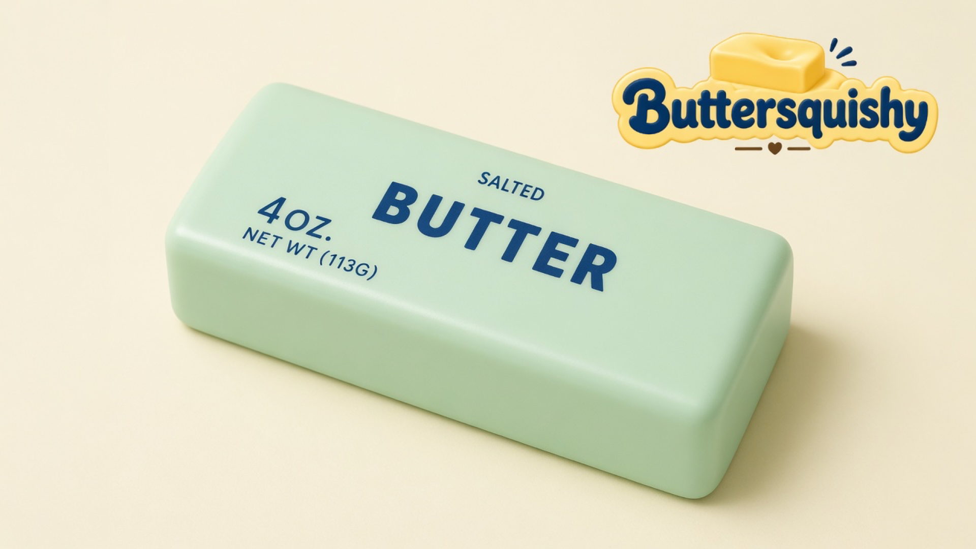 Pale mint-green SALTED BUTTER loaf on a light-yellow cream studio surface, Buttersquishy logo in the upper right