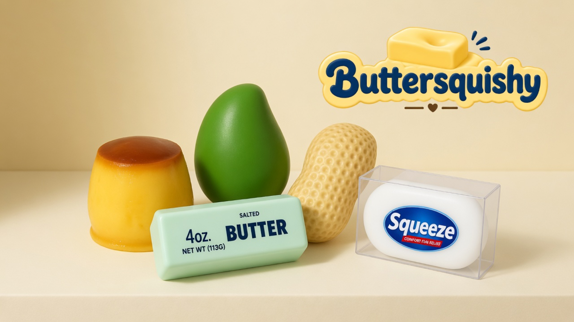 Five grocery-look press toys — caramel-topped custard cup, green avocado form, pitted peanut, mint 4oz SALTED BUTTER stick, and a boxed Squeeze bar — on a light-yellow cream studio surface, Buttersquishy logo in the upper right