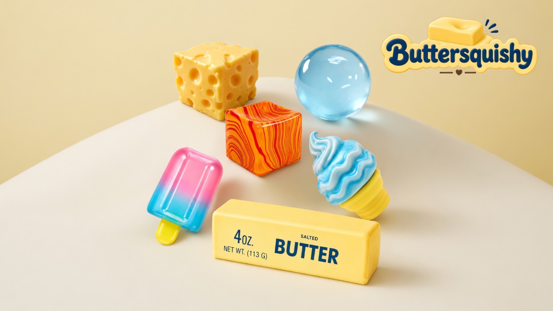 Mixed Butter Pack food-style cluster — cheese cube, blue sphere, wood-grain cube, popsicle, swirl cone, and a 4oz SALTED BUTTER loaf — on a light-yellow cream studio surface, Buttersquishy logo in the upper right