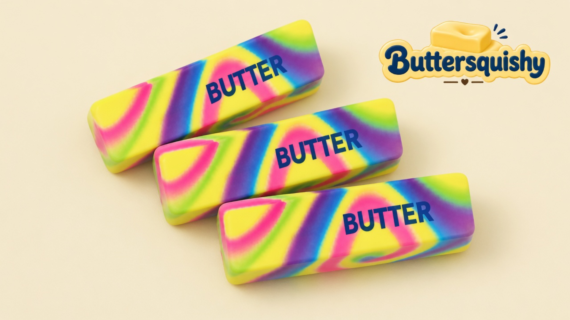 Three neon-pink-yellow-purple-green swirl butter sticks printed BUTTER on a light-yellow cream studio surface, Buttersquishy logo in the upper right