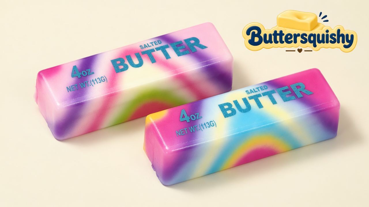 Two pink-purple-blue-yellow tie-dye SALTED BUTTER loaves on a light-yellow cream studio surface, Buttersquishy logo in the upper right