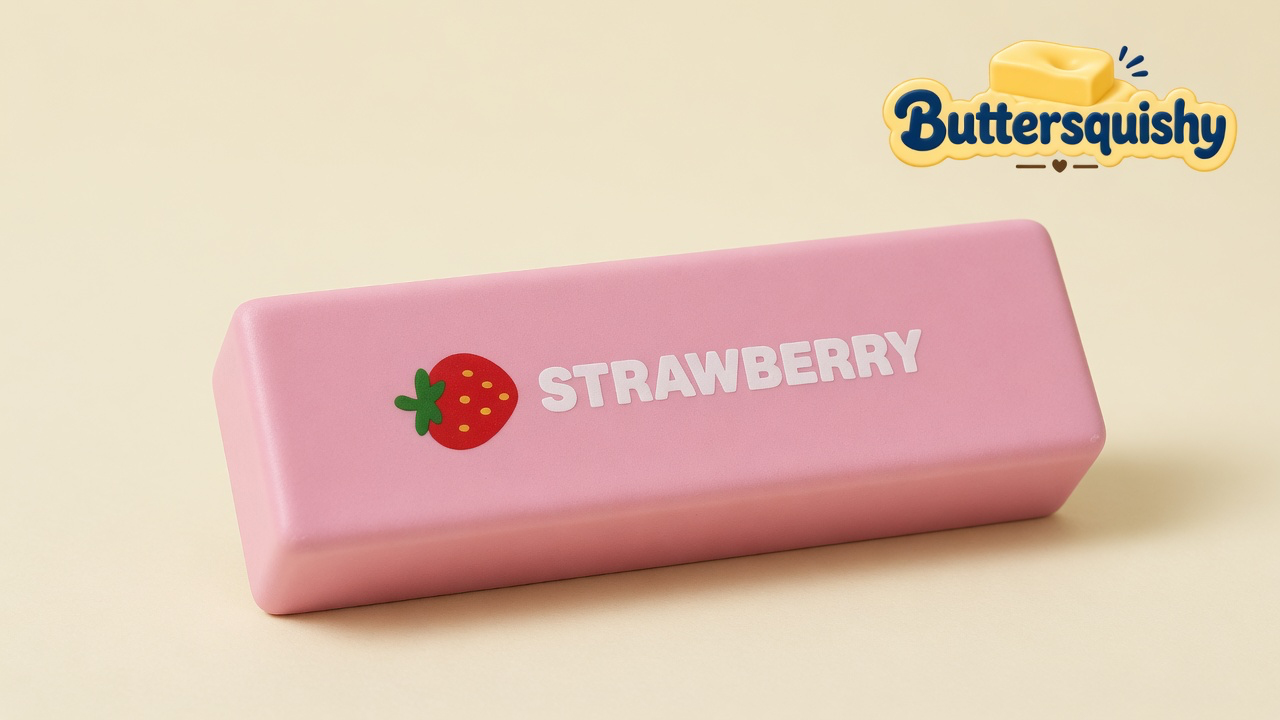 One pink Strawberry Butter Stick loaf with a strawberry icon and STRAWBERRY lettering on a light-yellow cream studio surface, Buttersquishy logo in the upper right