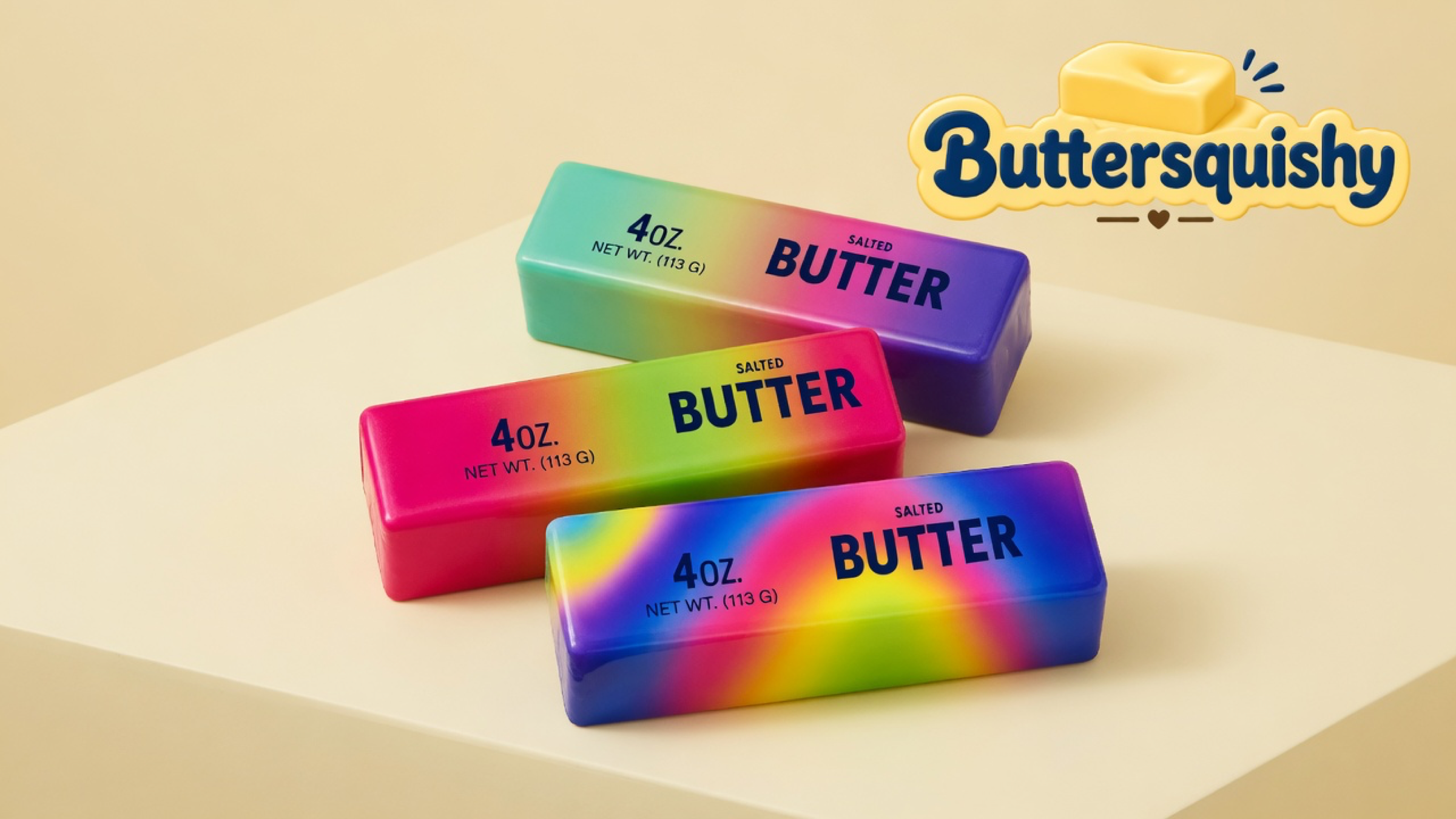 Three Candy Gradient Butter loaves — mint-to-violet, magenta-lime, and indigo swirl — printed SALTED BUTTER on a light-yellow cream studio platform, Buttersquishy logo in the upper right
