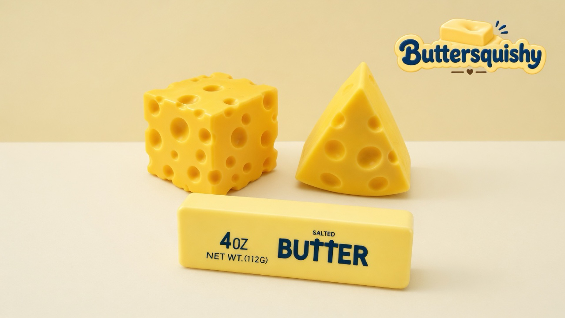 Three yellow press toys — a Swiss-hole cube, a matching cheese wedge, and a salted-butter stick printed 4OZ NET WT.(112G) — on a light-yellow cream studio, Buttersquishy logo in the upper right