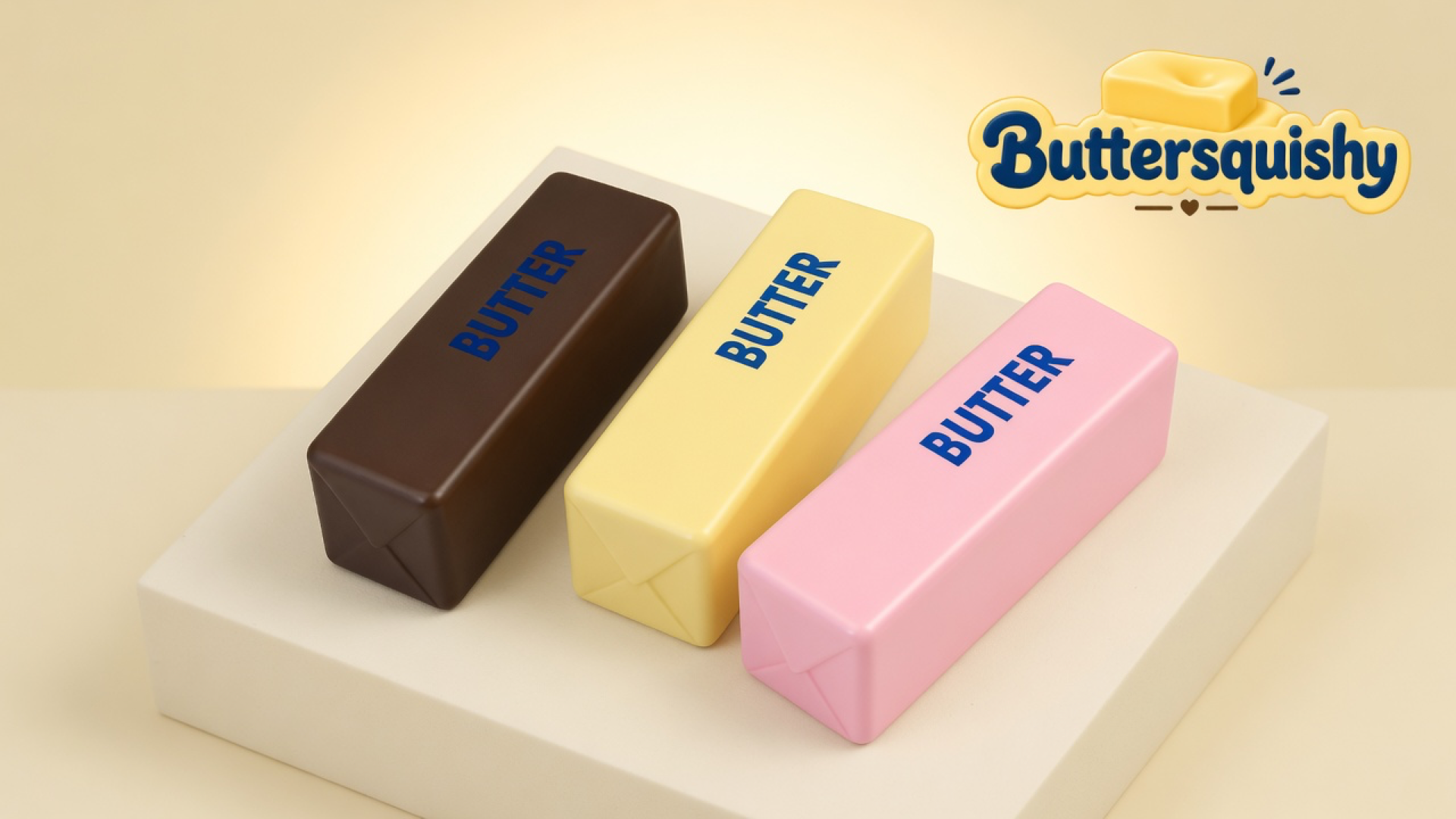 Three chocolate-brown, pale-yellow, and berry-pink butter-shaped squishies with navy BUTTER prints on a cream studio platform, Buttersquishy logo in the upper right