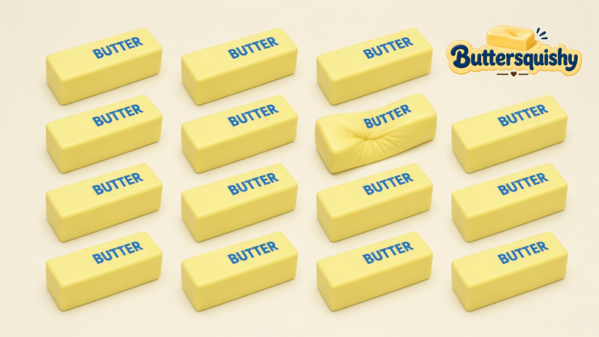 Twelve pale yellow butter-stick toys with blue BUTTER type on a light-yellow cream studio surface, one stick showing a thumb dent, Buttersquishy logo in the upper right