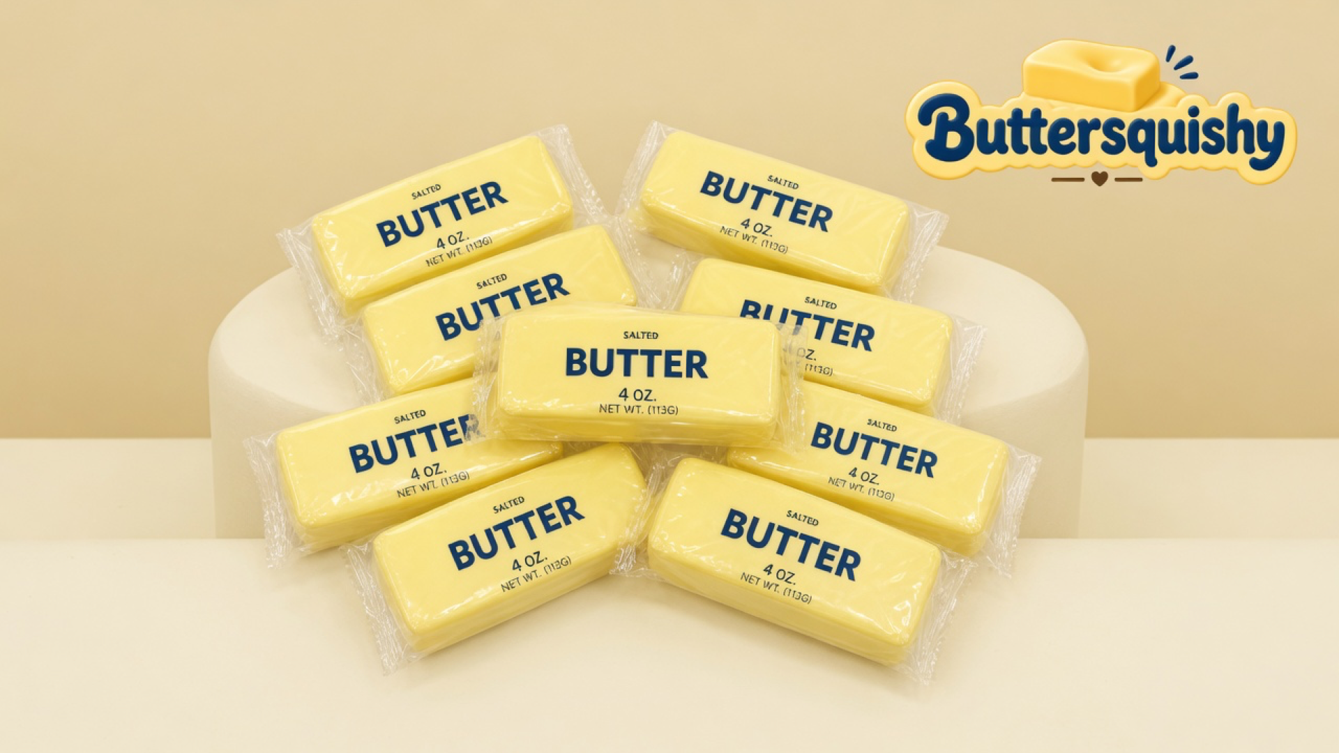 Twelve pale yellow SALTED BUTTER stick squishies in clear sleeves on a light-yellow cream studio platform, Buttersquishy logo in the upper right