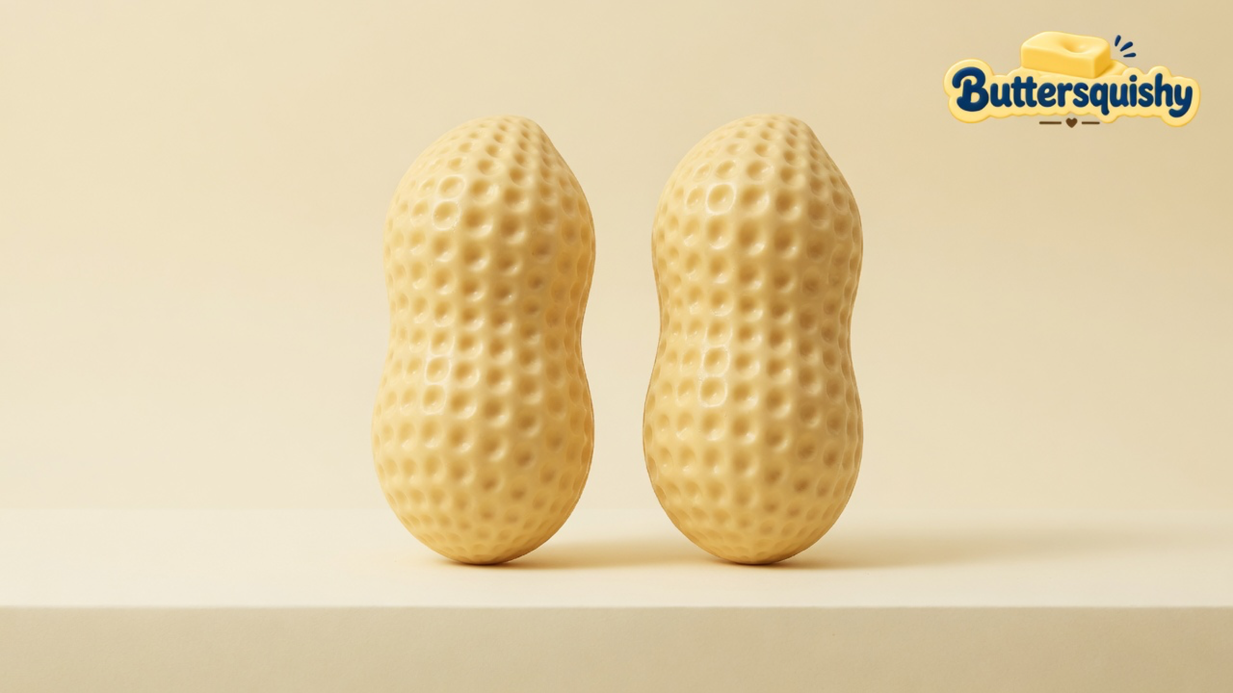 Two pale butter-yellow peanut-shaped squishies with dimpled shells on a light-yellow cream studio platform, Buttersquishy logo in the upper right
