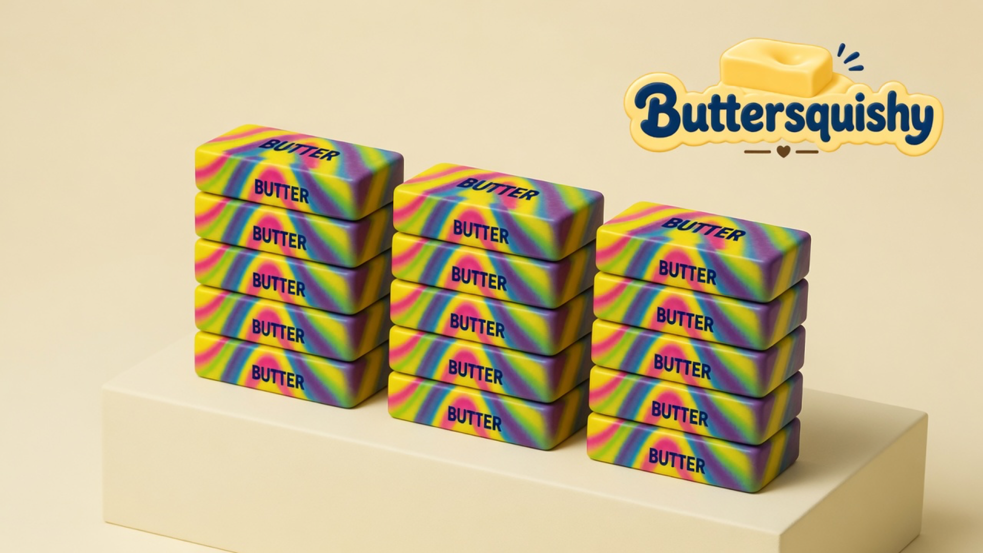 Eighteen Neon Swirl Butter sticks in three stacks of six, melted yellow-magenta-cyan-purple skins with navy BUTTER type, on a light-yellow cream studio platform, Buttersquishy logo in the upper right
