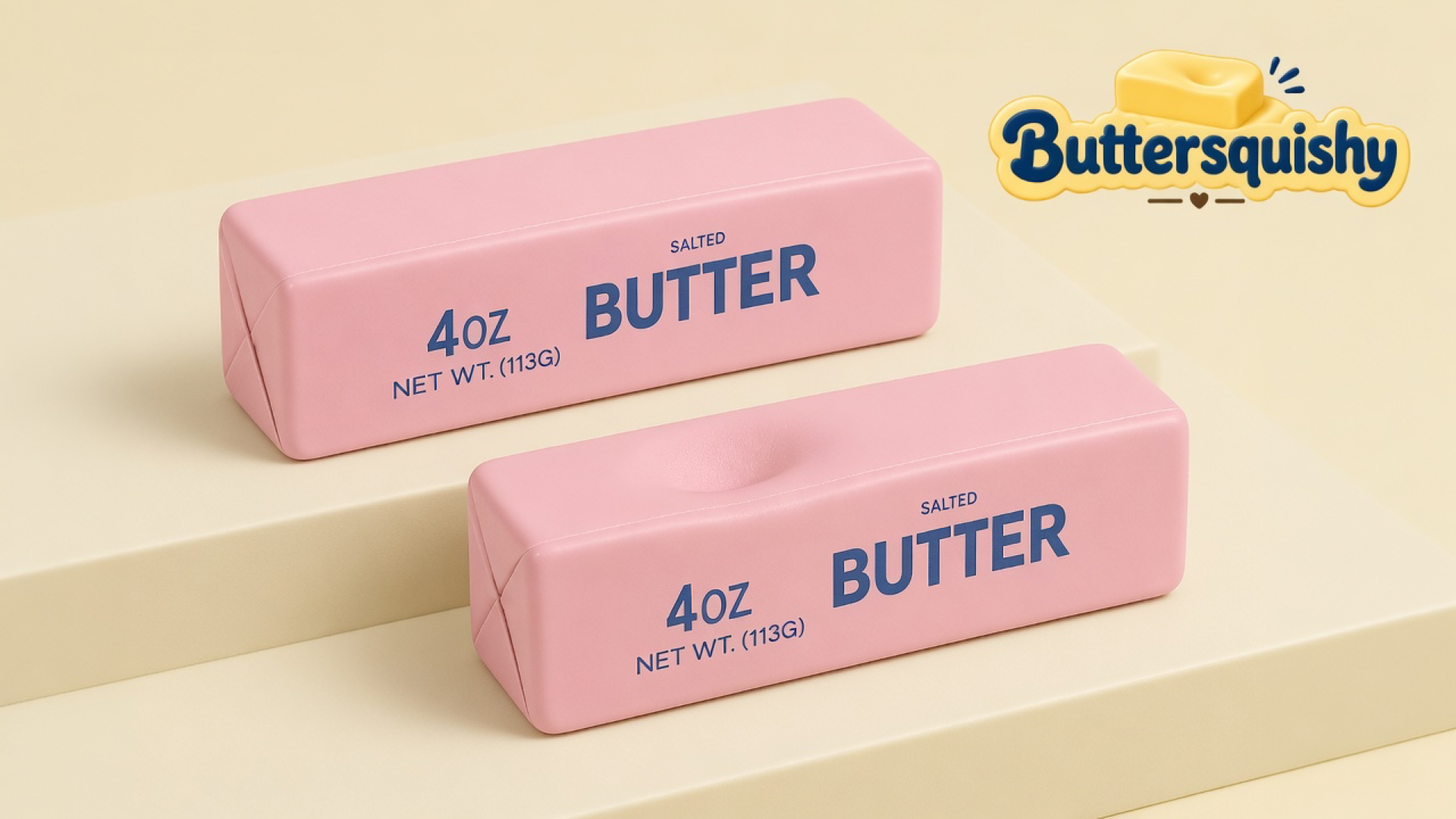 Two matching pale-pink SALTED BUTTER sticks on a light-yellow cream studio platform, one with a thumb dent, Buttersquishy logo in the upper right