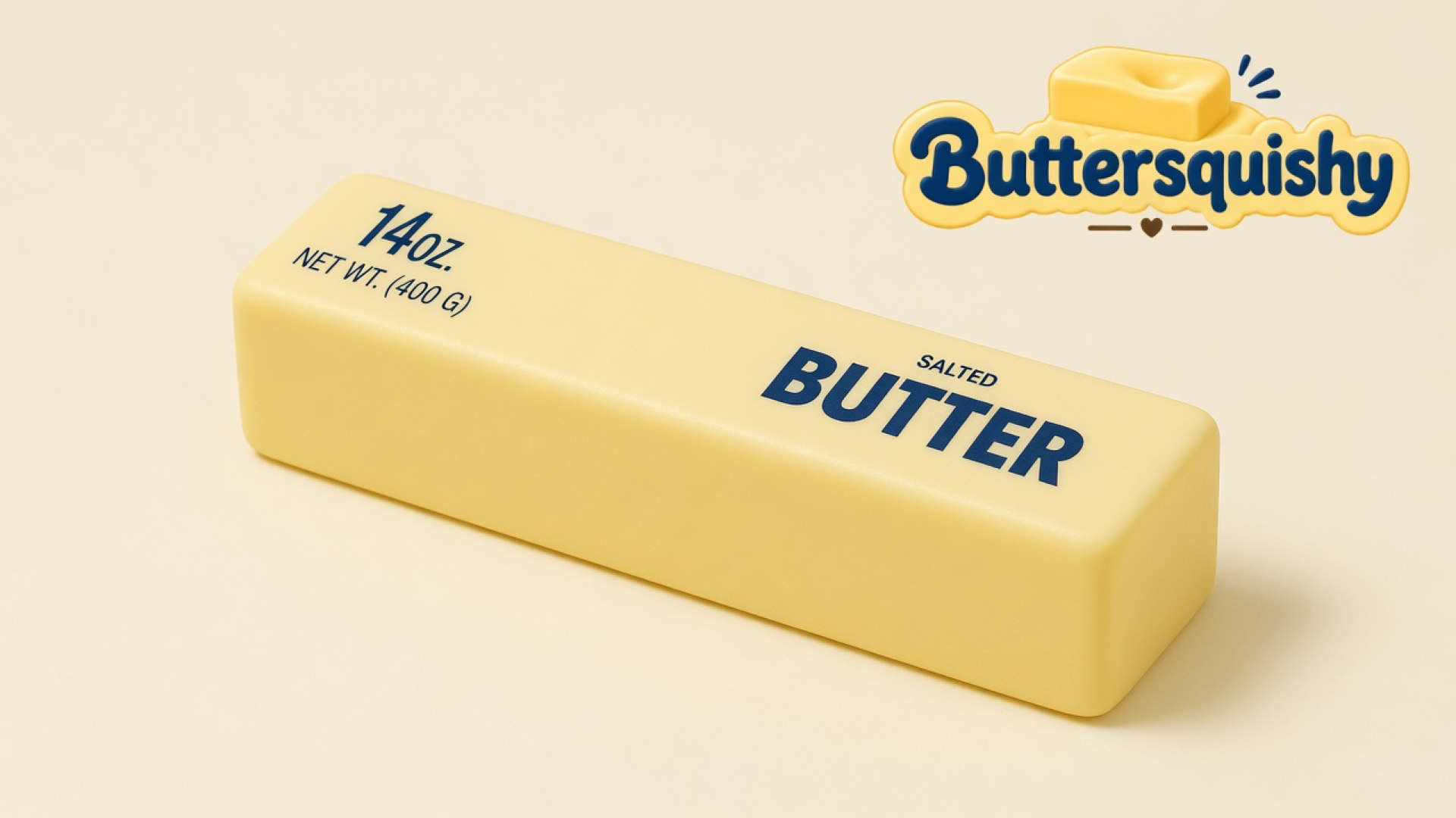 Long jumbo butter loaf squishy on a light-yellow cream studio surface, Buttersquishy logo in the upper right