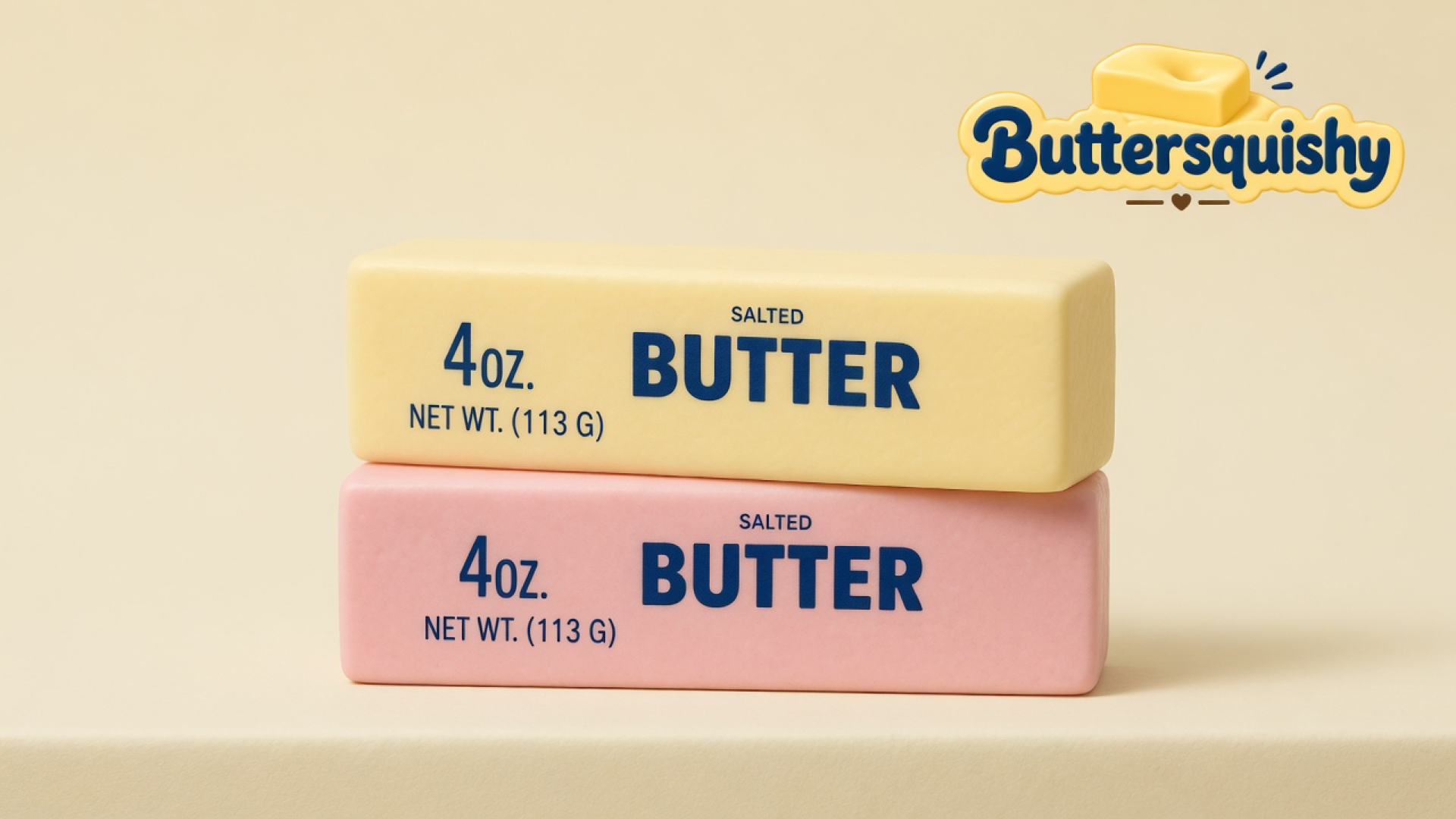 Pale yellow and pink wrapper-style butter sticks stacked on a light-yellow cream studio, Buttersquishy logo at upper right
