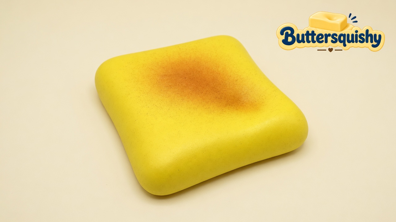Yellow square Bread Toast Loaf with a caramel toasted blush on a light-yellow cream studio, Buttersquishy logo at upper right