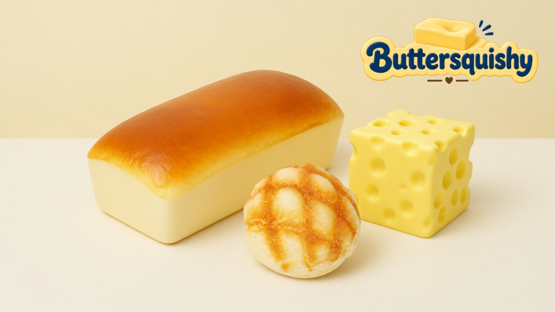 Golden bakery loaf, toasted grid bun, and yellow holey cheese cube on a light-yellow cream studio, Buttersquishy logo at upper right