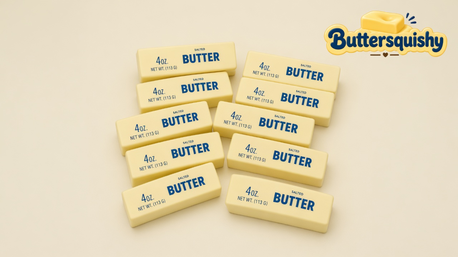 Ten pale yellow Classic Butter Stick 4oz bars printed 4OZ SALTED BUTTER on a light-yellow cream studio, Buttersquishy logo at upper right