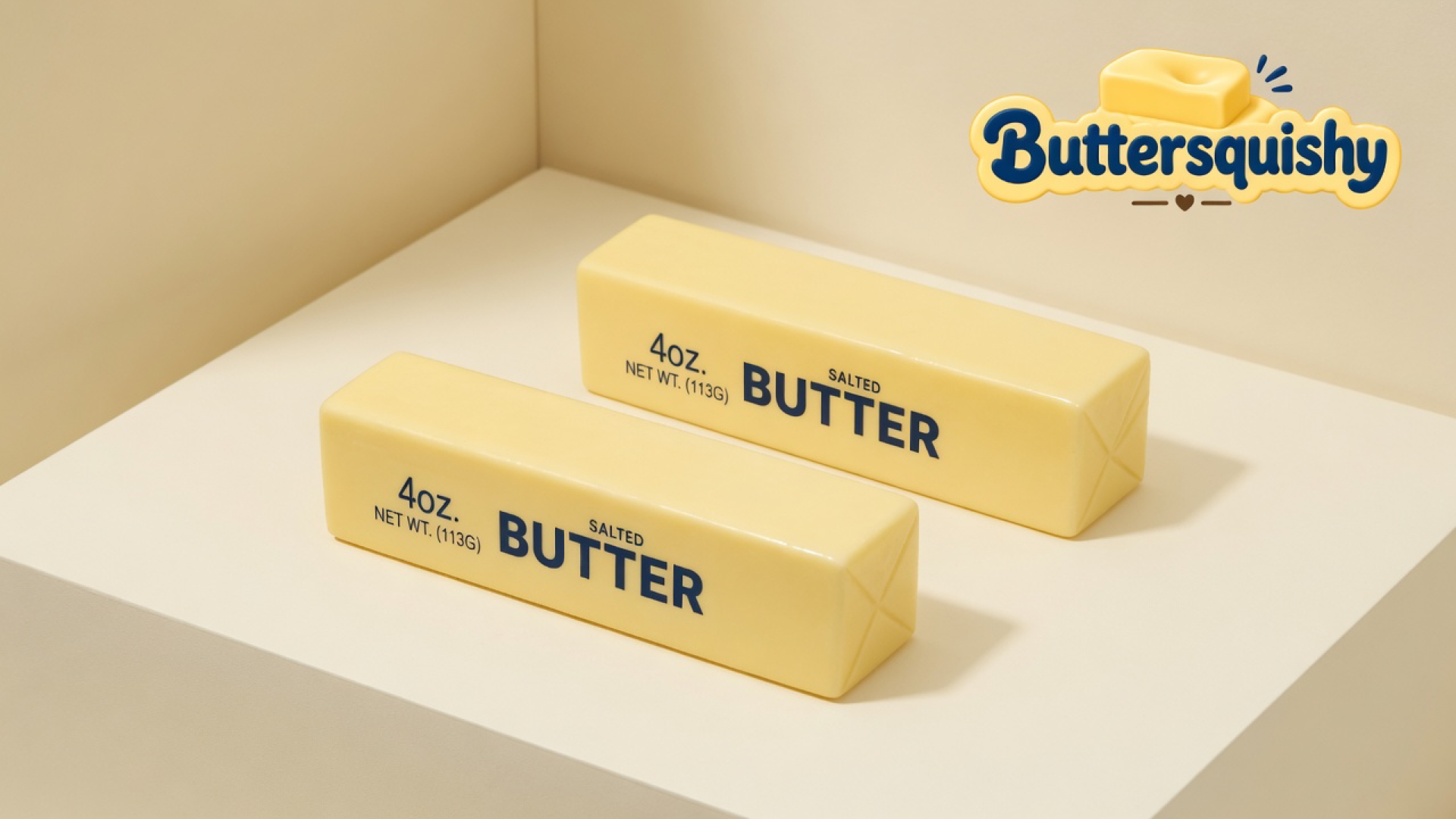 Two pale yellow Classic Gift Butter sticks printed 4oz SALTED BUTTER on a light-yellow cream studio, Buttersquishy logo at upper right