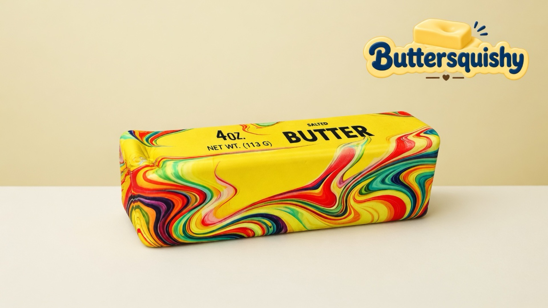 Yellow Oil-Paint Swirl Butter stick printed SALTED BUTTER and 4 OZ. with marble-paint sides on a light-yellow cream studio, Buttersquishy logo at upper right