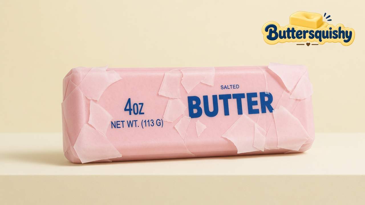 One Pink Butter Stick with a crinkled pink wrapper and blue SALTED BUTTER type on a light-yellow cream studio, Buttersquishy logo at upper right