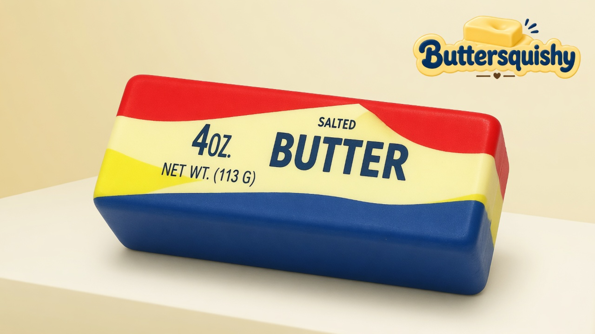 One Rainbow Stripe Butter stick with red, yellow, and blue bands and navy BUTTER type on a light-yellow cream studio, Buttersquishy logo at upper right