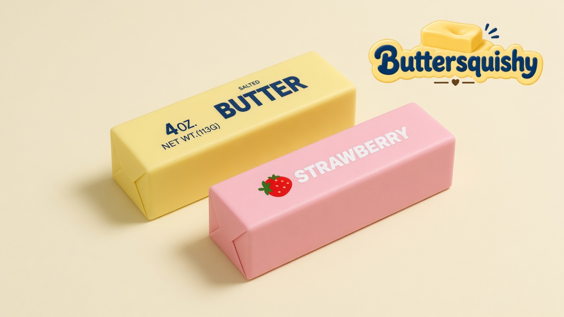Pale yellow SALTED BUTTER loaf and pink STRAWBERRY loaf on a light-yellow cream studio, Buttersquishy logo at upper right