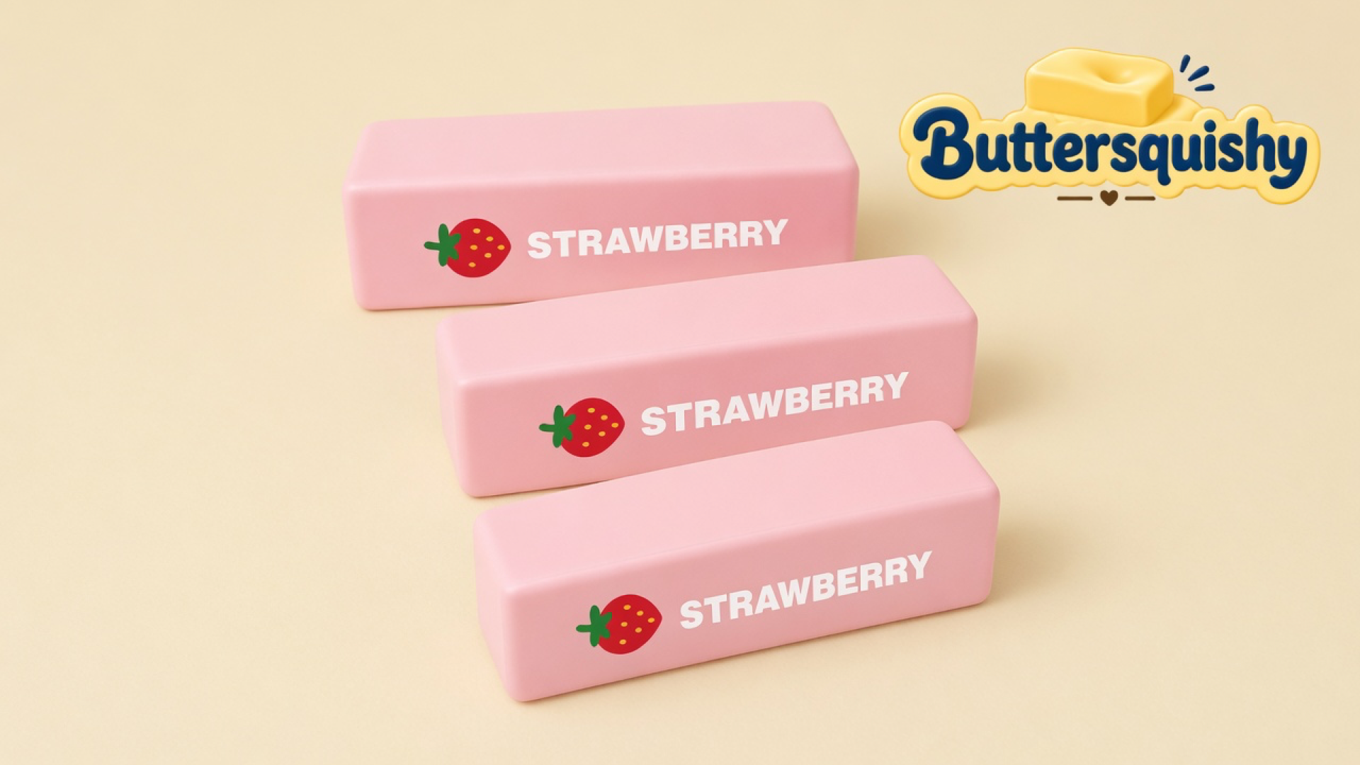 Three matching pink Strawberry Butter Stick bars printed STRAWBERRY with a berry icon on a light-yellow cream studio, Buttersquishy logo at upper right