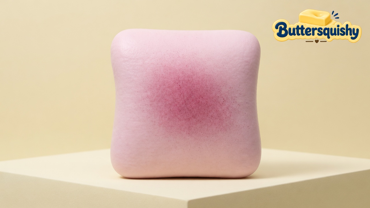 One pale-pink Bread Toast Loaf with a berry-red center spray on a light-yellow cream studio, Buttersquishy logo at upper right