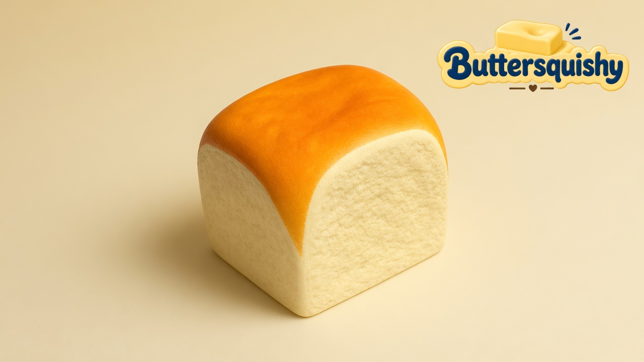 One square milk-bread Bread Toast Loaf with a golden toasted cap and cream crumb walls on a light-yellow cream studio, Buttersquishy logo at upper right