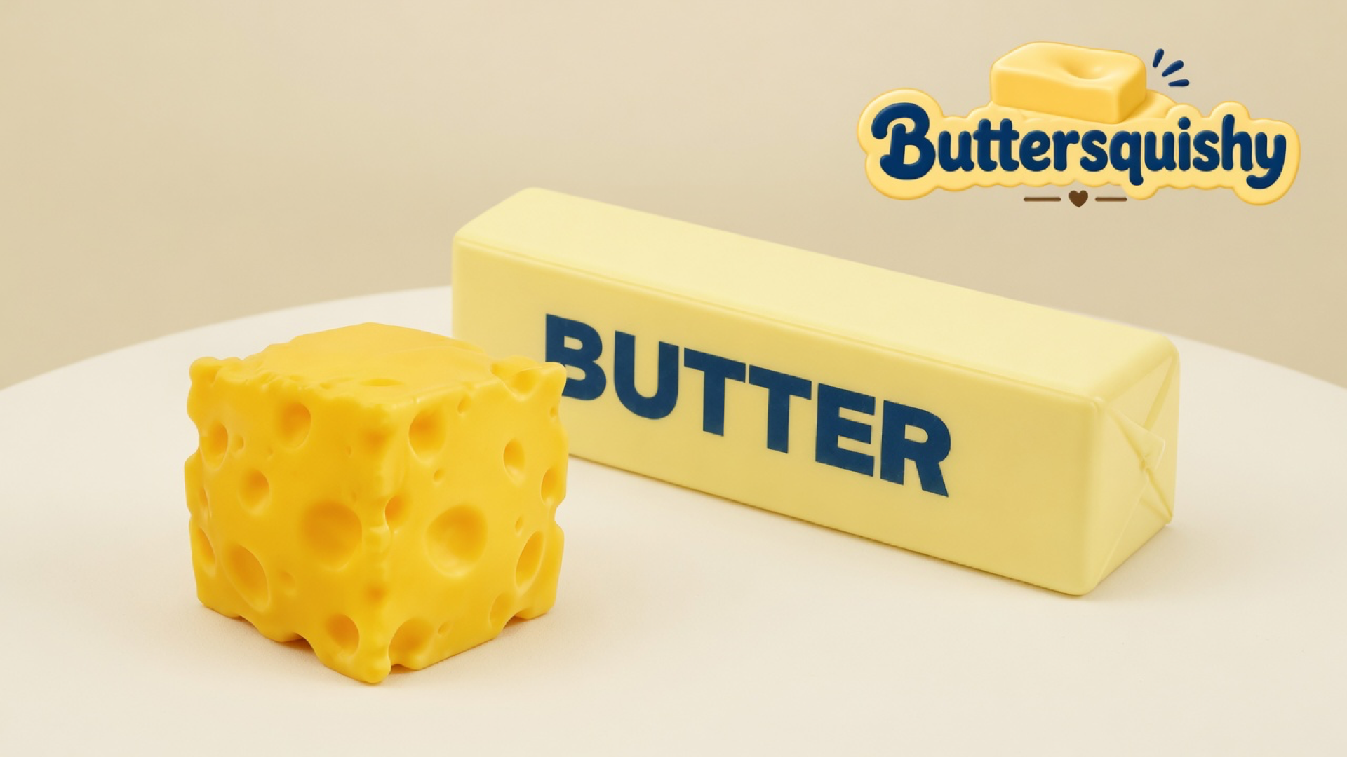 Yellow Swiss-hole cheese cube and a pale BUTTER-printed bar on a light-yellow cream studio, Buttersquishy logo at upper right