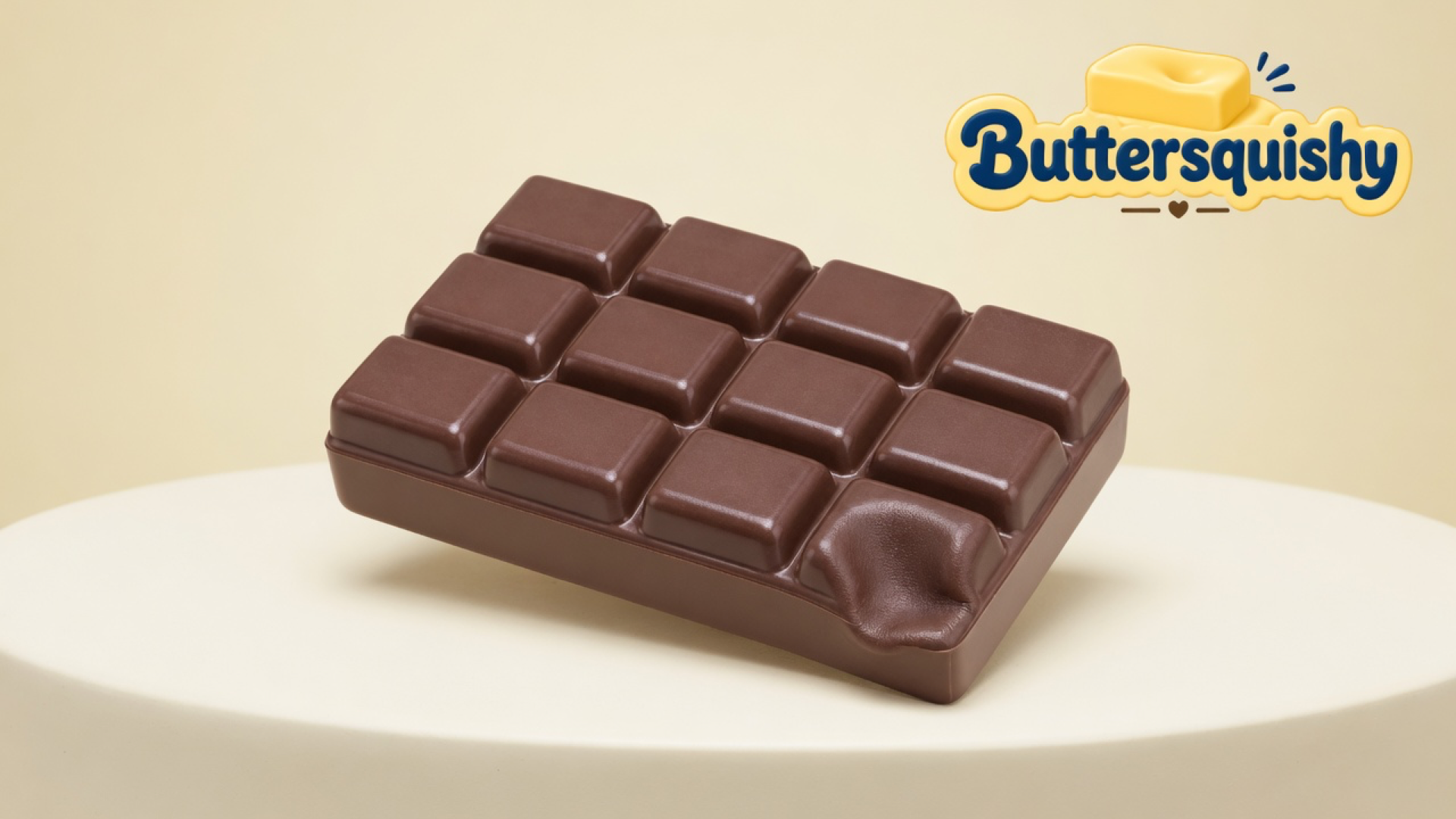 Milk-chocolate 12-square Chocolate Butter Stick with one dented cell on a light-yellow cream studio, Buttersquishy logo at upper right