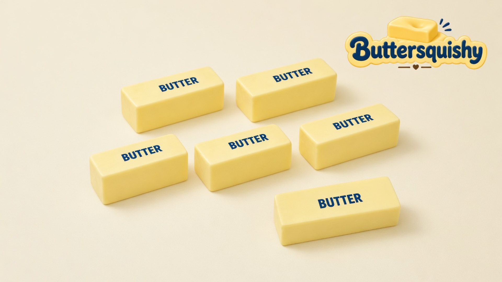 Six pale yellow Classic Butter Stick 4oz bars printed BUTTER on a light-yellow cream studio, Buttersquishy logo at upper right