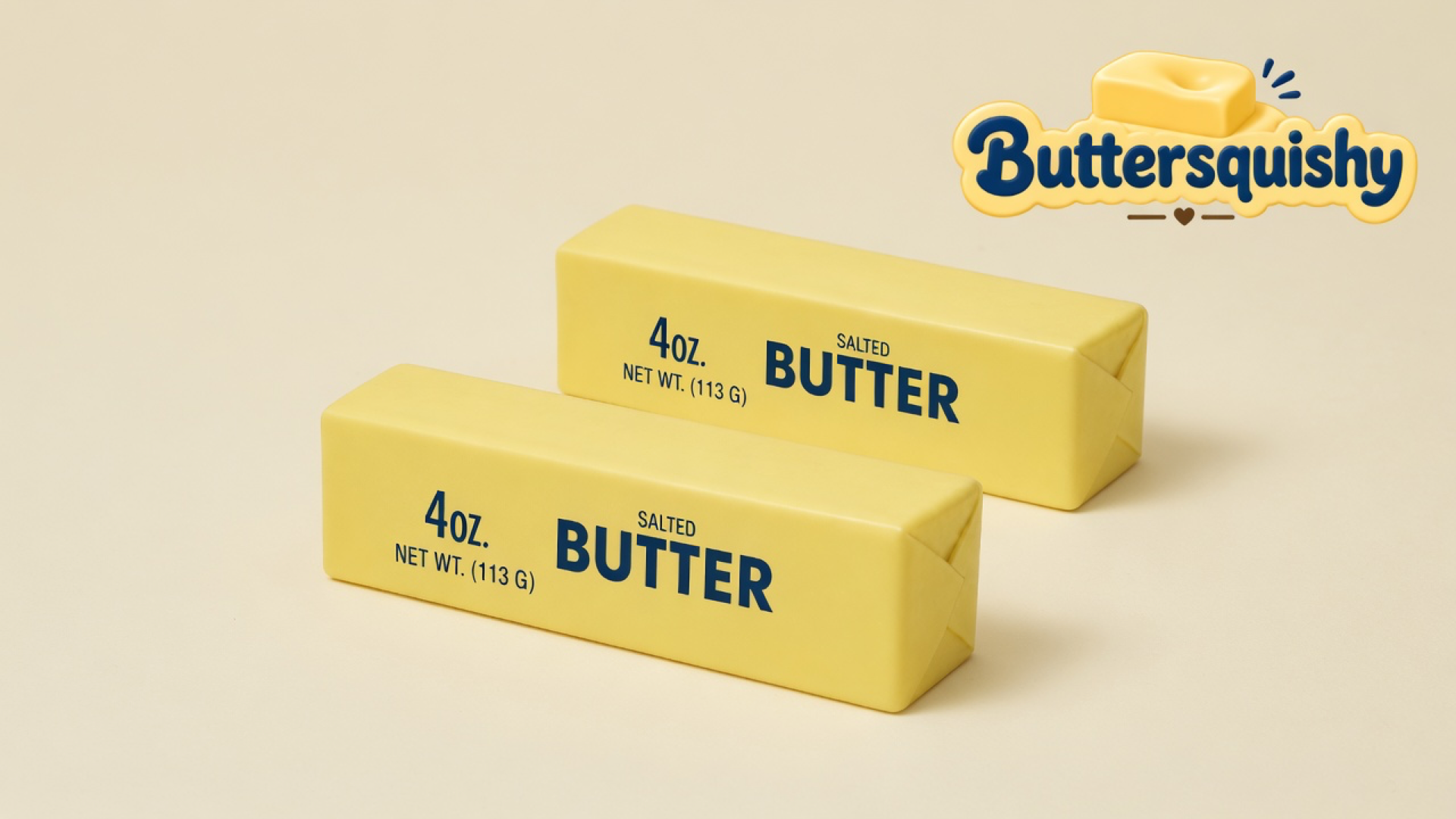 Two pale yellow salted-butter stick toys with navy 4oz type on a light-yellow cream studio, Buttersquishy logo at upper right