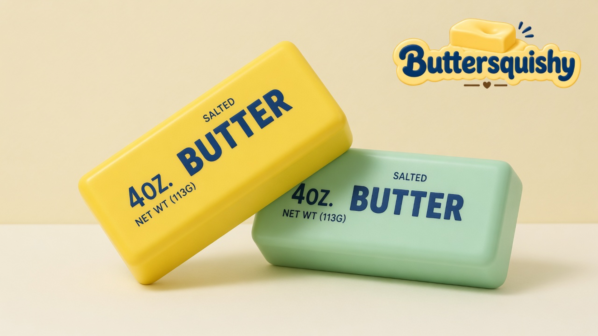 Pale mint-green and lemon-yellow Mint Lemon Crunch Butter sticks printed 4OZ SALTED BUTTER on a light-yellow cream studio, Buttersquishy logo at upper right