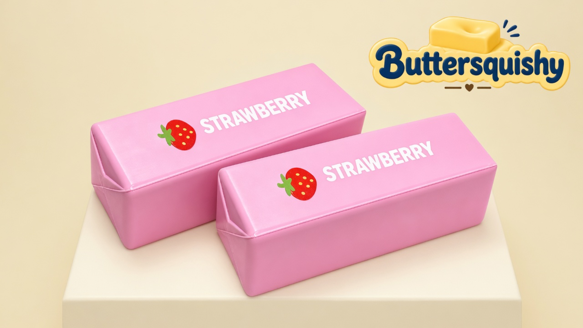 Two candy-pink Strawberry Butter Stick toys with berry icons and white STRAWBERRY type on a light-yellow cream studio, Buttersquishy logo at upper right