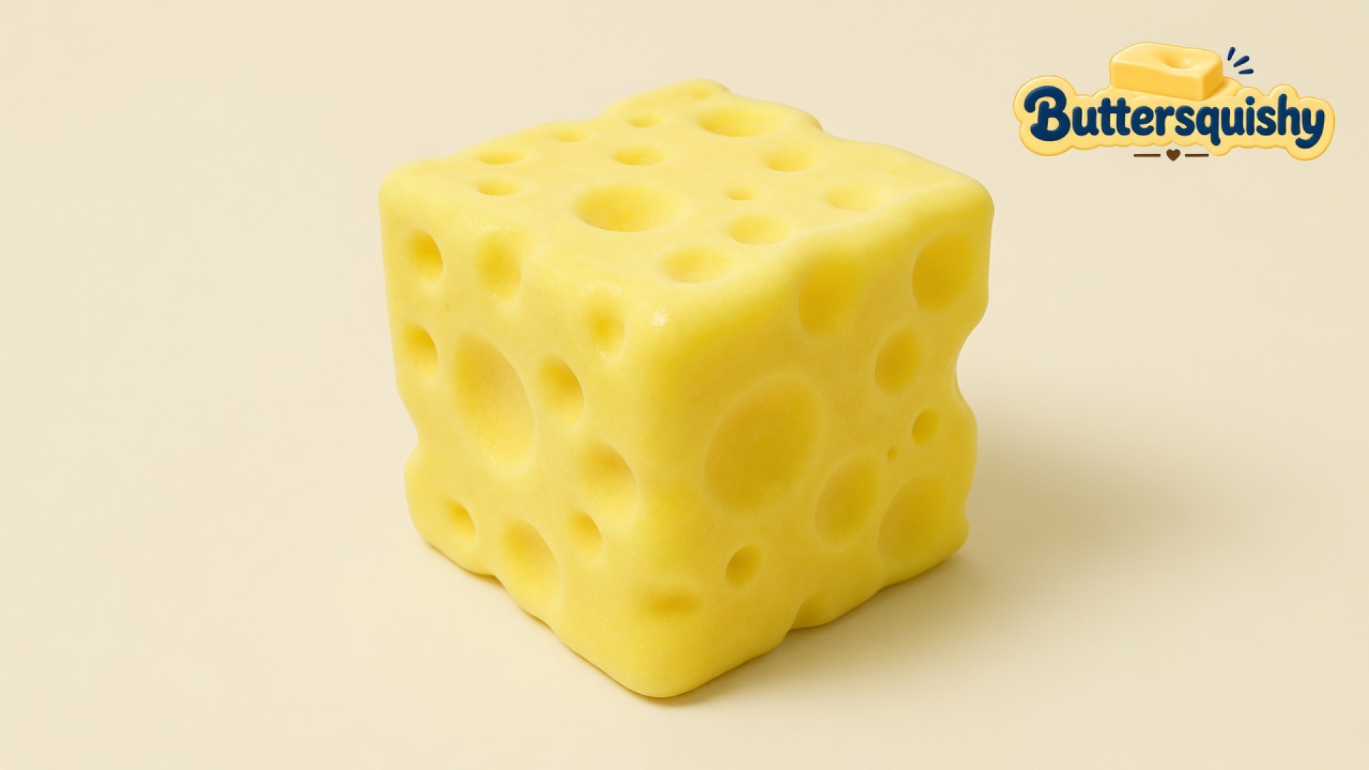 One lemon-yellow Swiss-hole Cheese Cube Loaf on a light-yellow cream studio, Buttersquishy logo at upper right