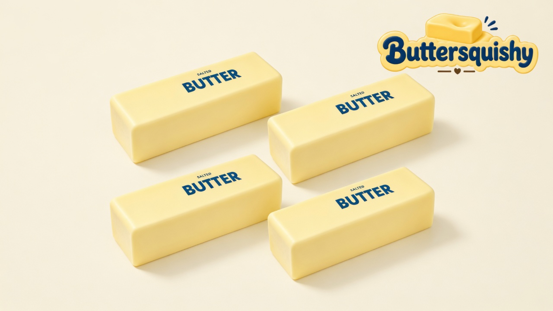 Four pale yellow Classic Butter Stick 4oz bars printed SALTED BUTTER on a light-yellow cream studio, Buttersquishy logo at upper right
