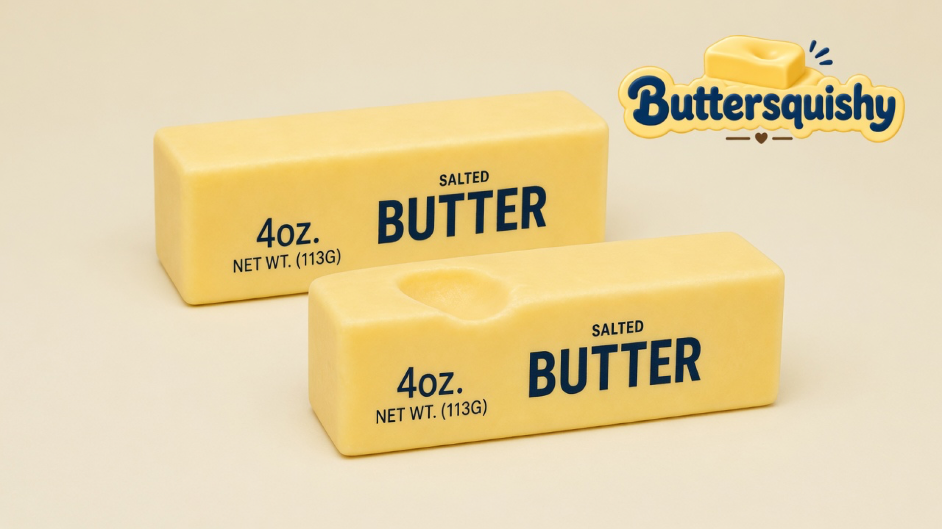 Two pale yellow Classic Gift Butter sticks printed 4oz SALTED BUTTER on a light-yellow cream studio, Buttersquishy logo at upper right