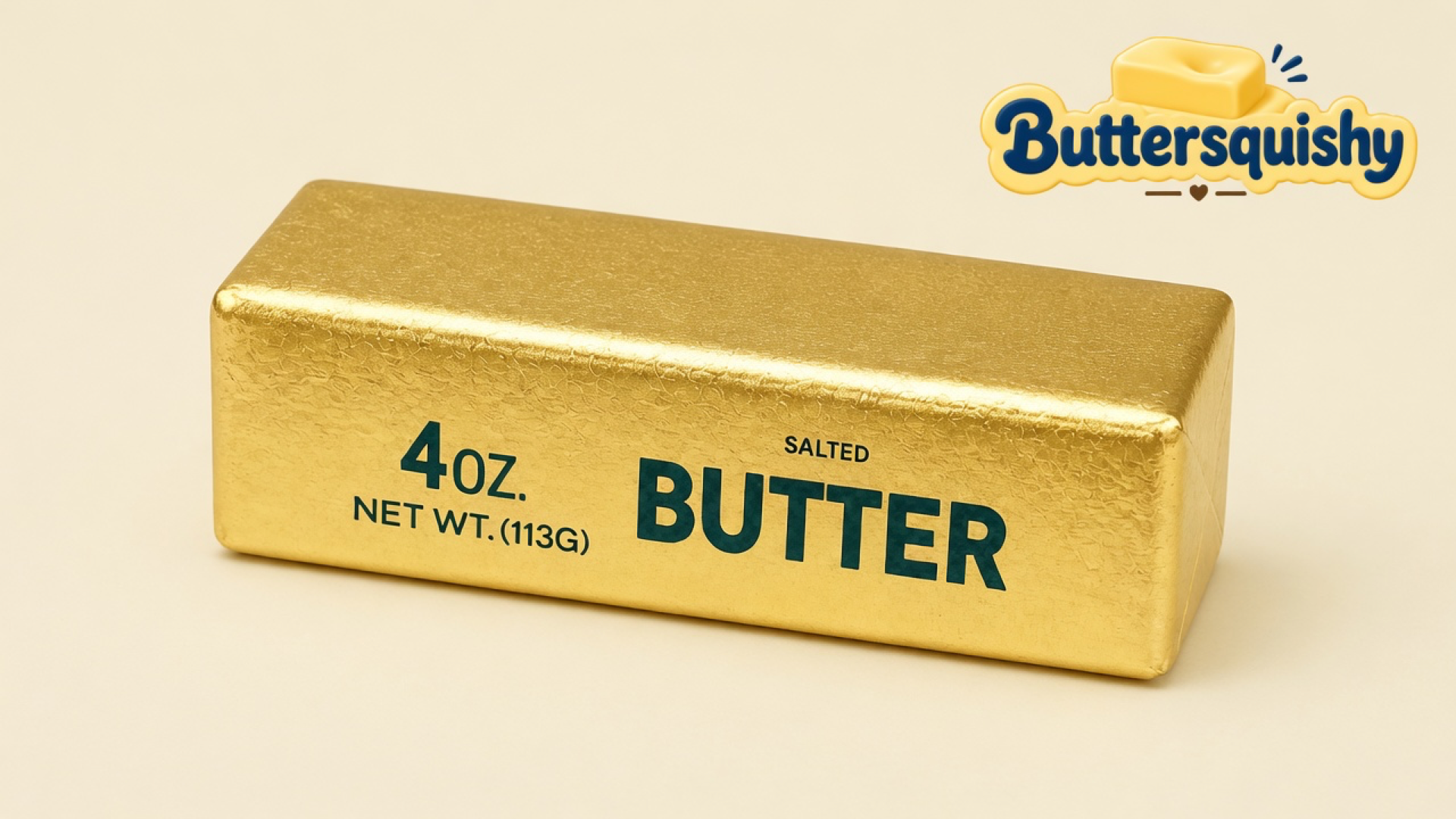 Gold-foil Golden Butter Stick on a light-yellow cream studio, Buttersquishy logo at upper right
