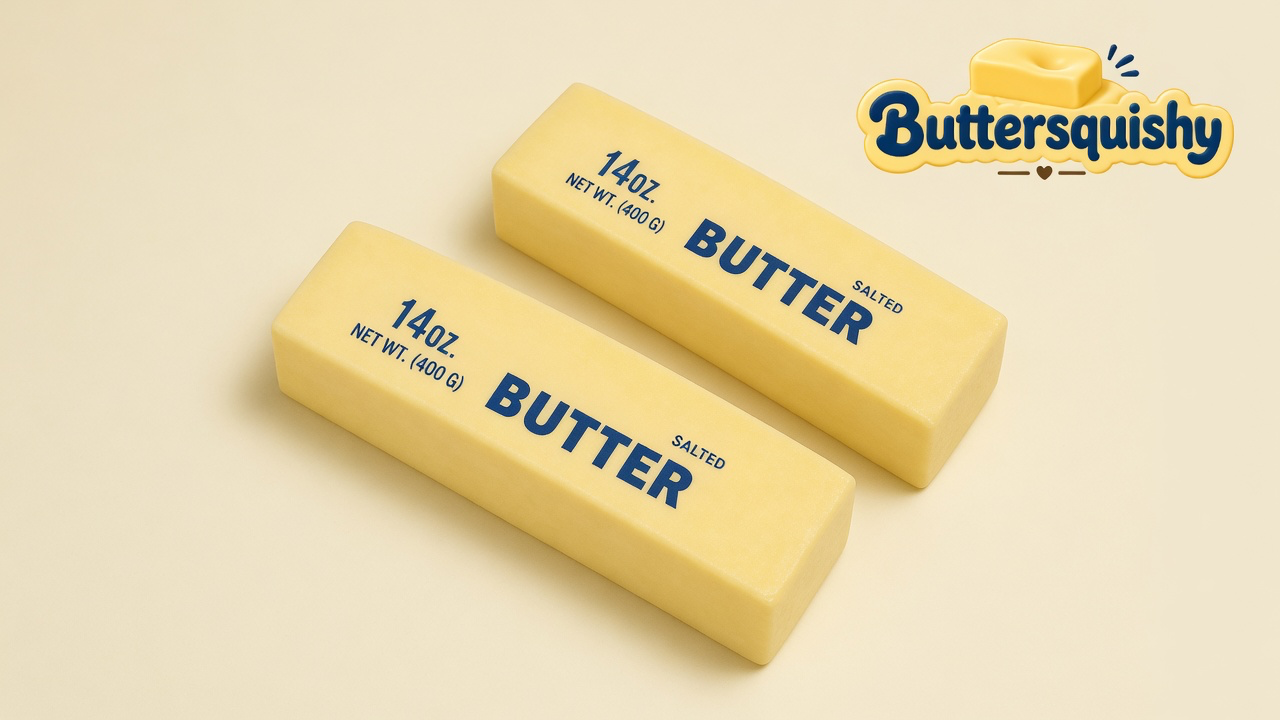 Two pale yellow Jumbo Butter Loaf 14oz sticks printed 14OZ SALTED BUTTER on a light-yellow cream studio, Buttersquishy logo at upper right